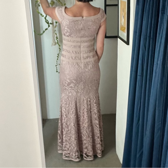 Tadashi Shoji Off The Shoulder Dusty Rose Floor Length Lace Gown - Picture 3 of 5